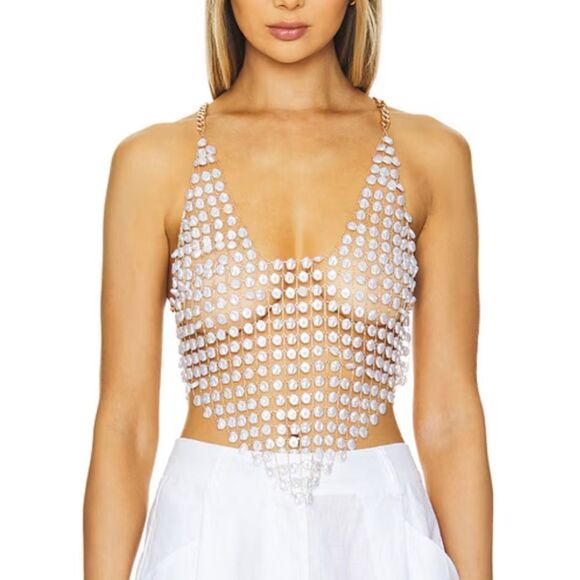 Camila Coelho Tops - Camila Coelho Monica Shell Top White Pearl chainmail gold chain Revolve NEW